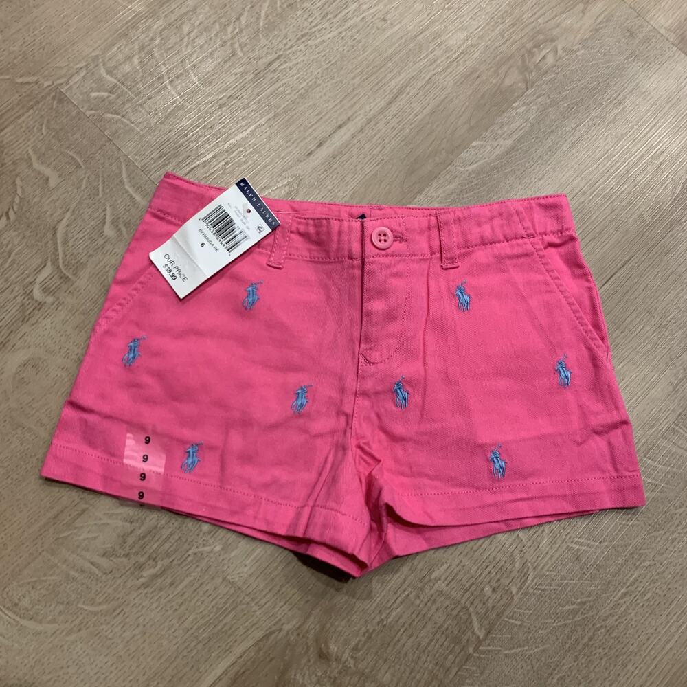 Polo Ralph Lauren All Over Pony Embroidered Chino Shorts Girls Kids 6 Pink Blue